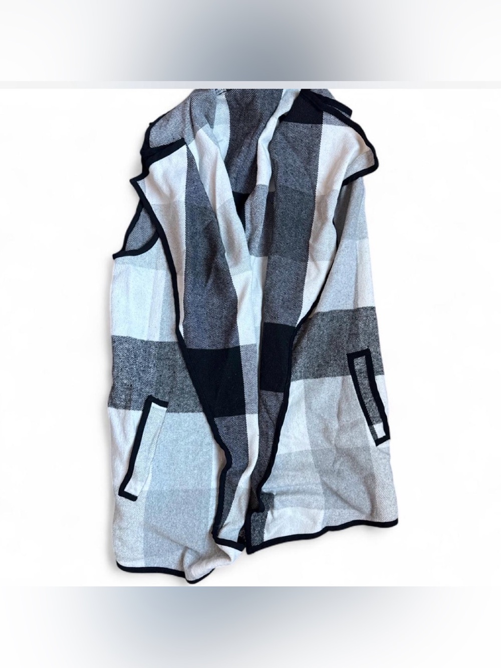 SHEIN Black, White & Gray Plaid Hooded Vest with Contrast Trim